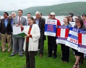 Philipstown resident Margaret Yonco-Haines addresses rally.