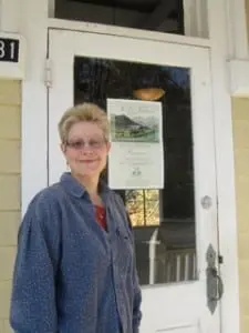 Cathy Lilburne outside the 'new addition'