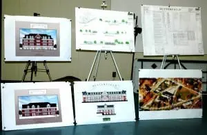 Project drawings as of Feb. 21, with the municipal building at left and senior housing building, lower center, and, on lower right, an aerial photo of the existing site