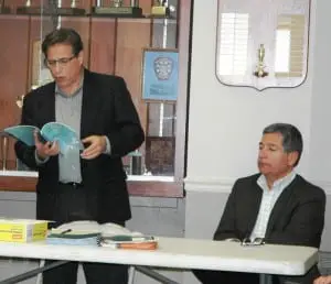 Attorney Steven Barshov, left, with Paul Guillaro at the public hearing on hospital demolition (Photo by L.S. Armstrong)