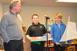 Ed Barry introduces Jean Saunders History Award winners Eddie-Joe Barry, his son, and George Weed, who visited the Board of Education meeting after receiving their awards Dec. 12.Photo by J. Tao