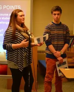 Haldane seniors and Garrison School alumni Lindy Labriola and Simon Close talk to the Garrison School Board about their experiences at Haldane on Jan. 23. Photo by J. Tao
