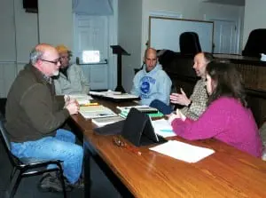 Kevin Donohue, left, code enforcement officer, meets with Philipstown Town Board members Dave Merandy, John Van Tassel, Richard Shea and Nancy Montgomery. Photo by L.S. Armstrong