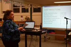 Garrison School Business Manager Sue Huetter gives a presentation on the tentative budget to the School Board. Photo by J. Tao