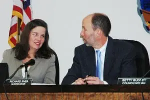 Newly reappointed Philipstown Deputy Supervisor Nancy Montgomery confers with Supervisor Richard Shea.