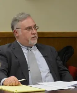 Village attorney Stephen Gaba discusses banning formula businesses at the Village Board meeting Tuesday, Feb. 12. Photo by J. Tao