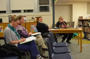 Garrison School teachers Stacy Ricci and Tiffany Timmons, Business Manager Sue Huetters and Principal Stephanie Impellittiere at the March 20 School Board meeting (Photo by J. Tao)
