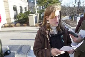 Alexandra Dubroff speaking at Moms Demand Action rally in Carmel