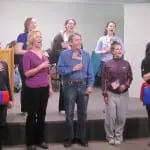 Ladies and gentleman: the cast rehearses in their performance space, the Program Room at Desmond-Fish Library.  Photo by A. Rooney