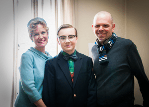 Maia Guest and Charlie Plummer, in character, are joined by John Plummer. (Photo courtesy Erika Bleiberg for BYUtv)