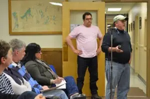 Water and Wastewater Superintendent Greg Phillips speaks as a resident on DEC work at the Boat Club during the Village Board meeting April 9.