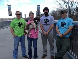 Walkway park staff Mike Cappuccilli Jr., left, Michele Markey and Shea (a rescue pup and Walkway dog ambassador), Geoff Travagline and Jeff Hayden (Photo courtesy of Walkway)