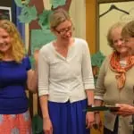Candidate Julia Wynn, left, congratulates Garrison School Board Member Charlotte Rowe on her re-election, with outgoing Board Member Anita Prentice and Superintendent Gloria Colucci on May 21. Photo by J. Tao