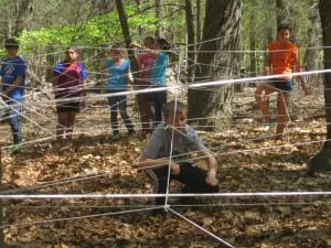 Navigating the team-building ropes course.
