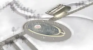 Initial design concept rendering for the ice rink and the park building. Image courtesy of River Architects