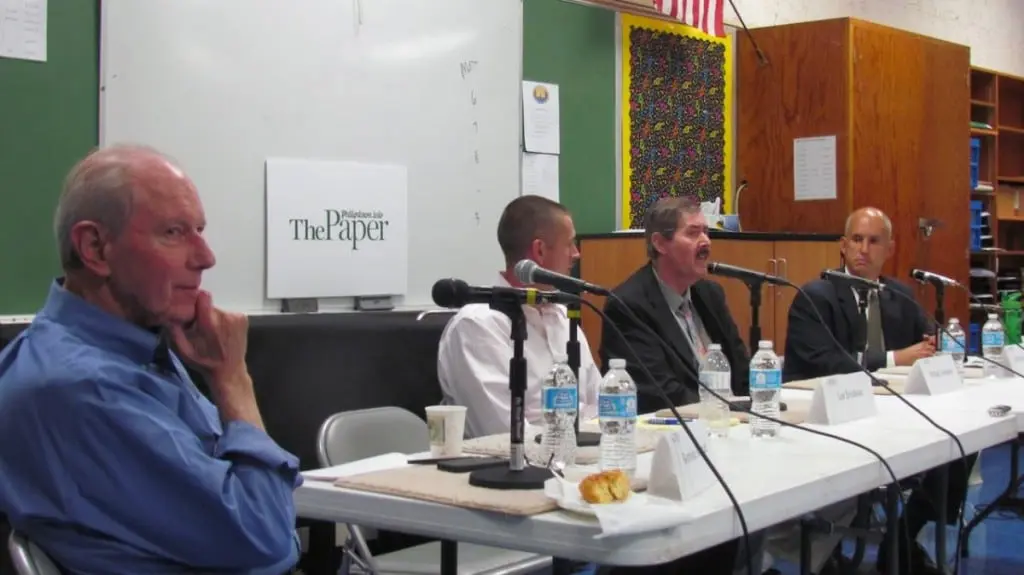 (L to R) Moderator Gordon Stewart and candidates for Town Board Lee Erickson, Mike Leonard and John Van Tassel at Monday's forum held at Haldane.