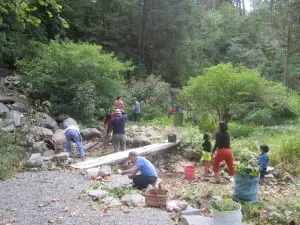 Volunteers at work, adjacent to the quarry pond.