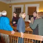 Townâ
Boardâ
Memberâ
Nancyâ
Montgomery,â
centerâ
left,â
andâ
Shirleyâ
Nortonâ
andâ
Lyndaâ
Annâ
Ewen,â
right,â
discussâ
theâ
seniorâ
citizenâ
issueâ
withâ
otherâ
attendeesâ
atâ
theâ
publicâ
hearing.â
Photoâ
byâ
L.S.â
Armstrong
