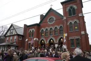 Mourners outside Loretto following the burial mass. (Photo by K.E. Foley)