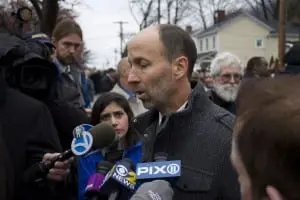 Philipstown Supervisor Richard Shea sharing a few thoughts on the passing of his friend Jim Lovell following the burial mass on Dec.6. (Photo by K.E. Foley)