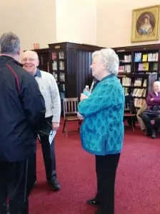 Assemblywoman Sandy Galef chats with constituents at the Jan. 25 forum. (Photo by L.S. Armstrong)