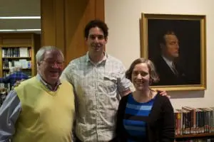 Frank Lucente, library board trustee, left, and Jen McCreery hosted a recent appearance by novelist and Garrison resident Alex Berenson, center. (Photo by Kevin E. Foley)