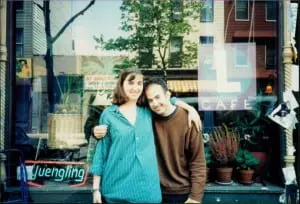 Kit Shapiro Demirdelen, left, with friend, P. David Ebersol outside the L Cafe in 1993 (Photo courtesy of the artist)