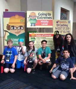 The team competed at the Knoxville Convention Center. From left, Michael Scicluna, Daniel Bajsicki, Abigail Platt, Noah Bingham, Laura Cosma (standing), Olivia Olsen (kneeling), and Andy Scicluna (seated). (Photo courtesy of Haldane)