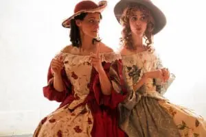 HVSF actresses Gabra Zackman, left, and Katie Hartke wearing their Charlotte Palmer-Lane-designed costumes in "The Liar." (Photo by Travis McGee)