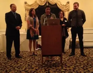 At the Cold Spring Area Chamber of Commerce dinner April 24, the James G. Lovell Memorial Award was presented to David Lilburne, owner of Antipodean Books, Maps & Prints. The award was accepted by Lilburne's son Jonathan. Left to right, Robert Lomino, Nancy Montgomery, Debbi Milner, Alison Anthoine and Jonathan Lilburne. (Photo by Michele Gedney)