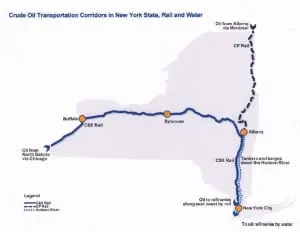 A map in New York state's new report on oil transport hazards shows the passage of oil by train and tankers or barges down the Hudson River.