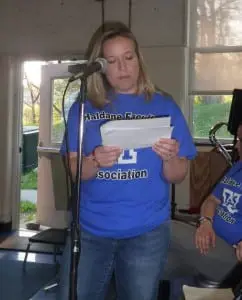 Leah Horn, middle school teacher and the president of the Haldane Faculty Association, reads a statement at the public hearing on the budget.