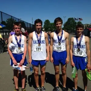 Haldane Varsity Track finished in fifth place for Division II in the 4x800-meter relay at the State Track and Field Championships at Cicero-North Syracuse High School on June 7. From left, Nick Farrell, John Hughes, Theo Henderson and Jonathan Clemente. (Photo by Diane Hughes)