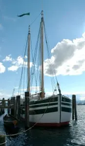 Lois McClure at her home port at Perkins Pier, Burlington, Vermont Photo courtesy of Lake Champlain Maritime Museum