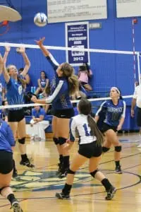 Marissa DiPalo at the net for Haldane Volleyball — The Blue Devils won in the fifth set against Hendrick Hudson on Sept. 3 at home. (Photo by Sharon DiPalo)