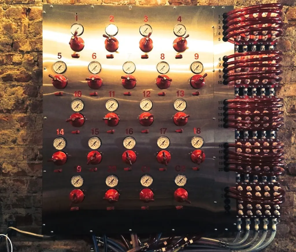Draught Industries' "flux capacitor," connecting more than 20 beers to taps.