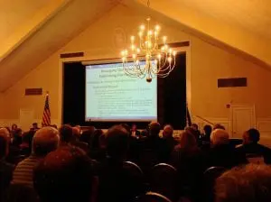 TheâbudgetâpresentationâslideâhighlightingâtheâButterfieldâredevelopment (staff photo)