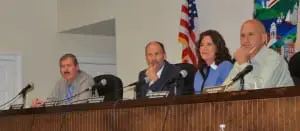 Philipstownâ
Townâ
Boardâ
membersâ
listenâ
toâ
theâ
discussionâ
Oct.â
2;â
fromâ
left:â
Councilorâ
Michaelâ
Leonard,â
Supervisorâ
Richardâ
Shea,â
Councilorsâ
Nancyâ
Montgomeryâ
andâ
Johnâ
Vanâ
Tassel.â