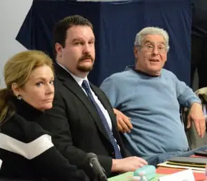 Putnam County Executive MaryEllen Odell, County Clerk-Elect Michael Bartolotti, center, and Assemblyman Steve Katz listen to a comment from an audience member.