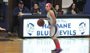Seventh-grader and JV leading scorer Olivia McDermott brings up the ball on the Putnam Valley Tigers.