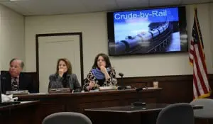 PutnamâCountyâLegislatureâHealth-EnvironmentâCommitteeâmembersâRogerâGross,âBarbaraâScuccimarraâ(center),âandâDiniâLoBueâfollowâaâpresentationâonâ"bomb"âtrainsâwithâraptâattention.