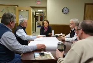 HDRBâ
Memberâ
Kathleenâ
Foley,â
center,â
andâ
Chairmanâ
Alâ
Zgolinski,â
right,â
goâ
overâ
Butterfieldâ
designâ
elementsâ
withâ
architectâ
Rayâ
Sullivan,â
left,â
andâ
Mattâ
Moran,â
nearâ
left,â
andâ
HDRBâ
membersâ
Peterâ
Downey,â
centerâ
right,â
andâ
Michaelâ
Junjulas,â
backâ
toâ
camera.