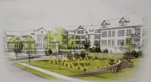 An architectural rendering of buildings at the proposed Butterfield redevelopment