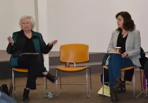 Assemblywoman Sandy Galef, left, comments on state issues, as Philipstown Town Board Member Nancy Montgomery listens.