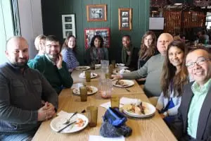 Haldane language department teaching staff, including Nina Ortiz, second from right, and Phil D'Amato, third from right, along with guest presenters, enjoying lunch at Immersion Day 2015
