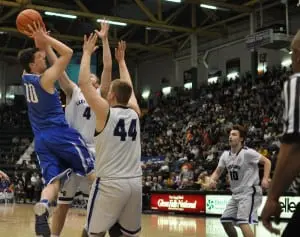 Haldane's Garret Quigley goes up and over defense in the third quarter of the March 20 final four game.