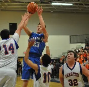 Haldane's Peter Hoffman shoots over Chester defense in the Blue Devils' regional semifinal win March 10.