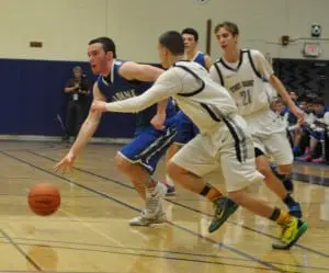 Haldane point guards Tucker Beachek, left/right, and Ryan McCollum led the Blue Devils to an 8-0 opening lead the team would never surrender in the Class C regional finals against Stony Brook March 13.