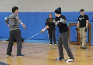 Haldaneā
actorsā
Ronanā
Wood-Gallagher,ā
left,ā
andā
Mattā
Kovalā
learnā
properā
sword-fightingā
techniquesā
underā
theā
tutelageā
ofā
Rodā
Kinter.ā
ā
