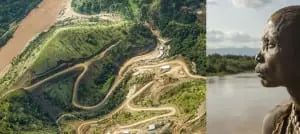 Ethiopia: Omo River Basin, Gibe III Dam construction (aerial pic on left of diptych) + Ethiopia: Omo River Basin, Karo Woman